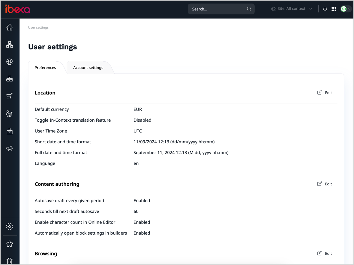 User settings User settings